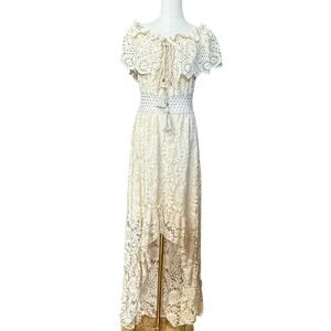 Azaka Paris Maxi White Crochet Top Lace Skirt Dress Size M/L Cotton Blend